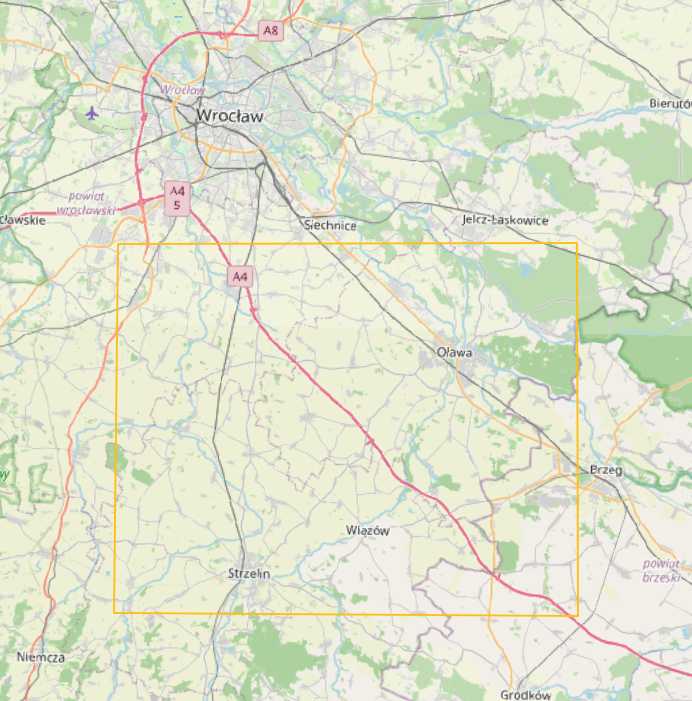 Mapa obszaru analizy na południe od Wrocławia